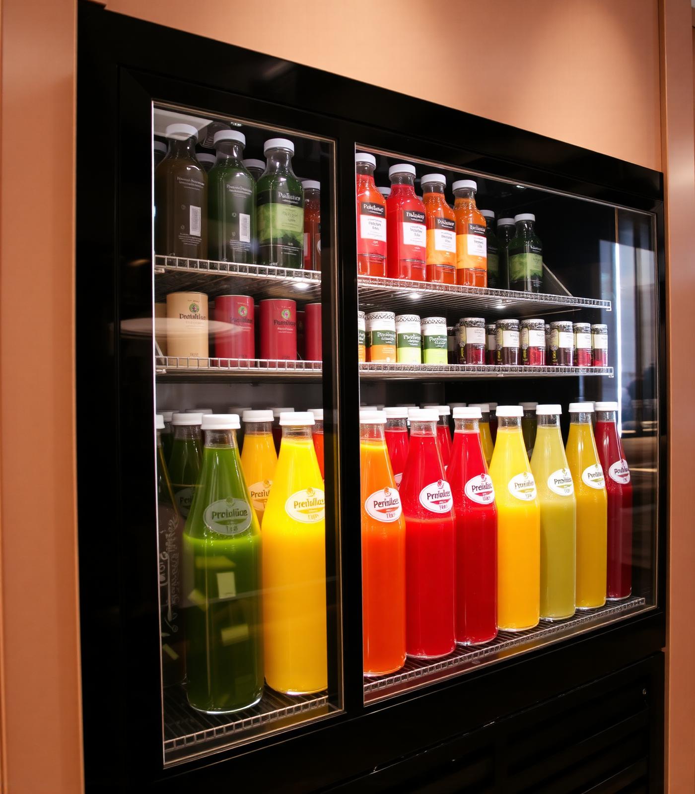 Café fridge stocked with premium juice