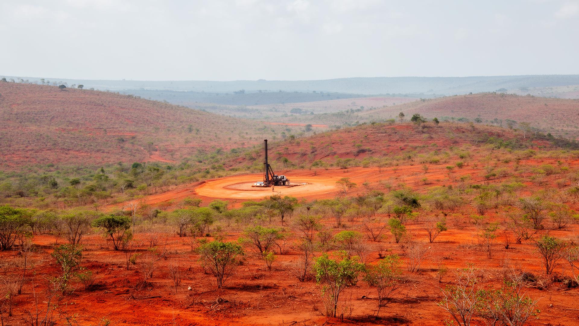Aerial view of Magnum's Azimuth REE drill pad in Brazilian cerrado terrain