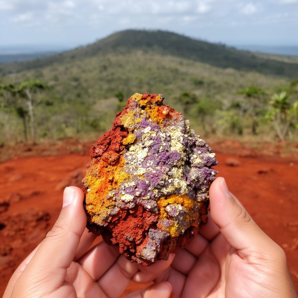 Weathered ionic adsorption clay sample held in field at the Azimuth Project, Brazil