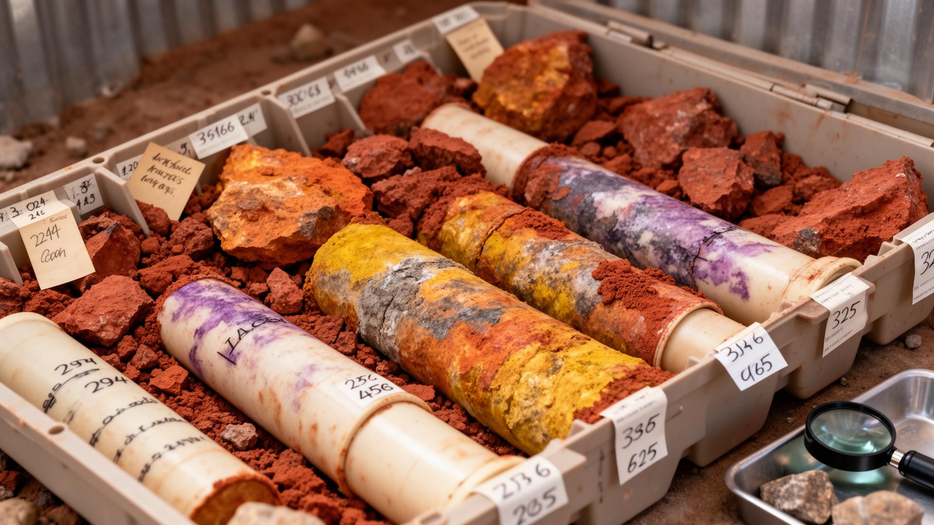 Ionic adsorption clay drill core samples laid out in wooden core trays