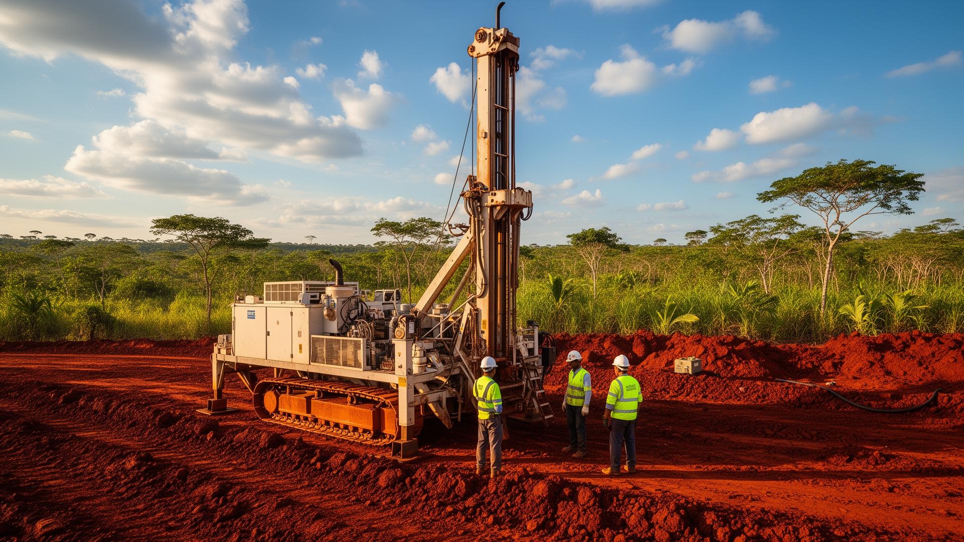 Exploration drill rig operating on red lateritic clay in south-central Brazil